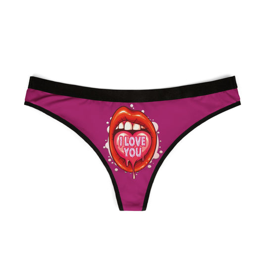 Elegant women's thong showcasing a cheeky design with red lips and romantic text, ideal for special celebrations or intimate gift-giving.