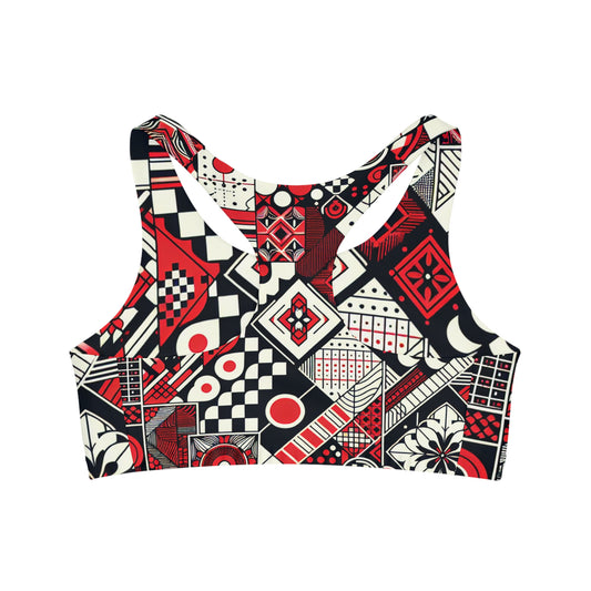 Close-up of the luxurious fabric of Valeria Belmonte Modern Patterned Sports Bra, showcasing its 82% microfiber polyester and 18% spandex blend for ultimate stretch.