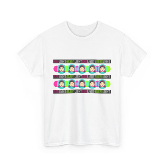 Elegant Squid Game Unisex Men’s Women’s Graphic Cotton Funny T Shirt Tee Street Urban design showcasing whimsical characters against bright colours, an ideal choice for edgy fashion.