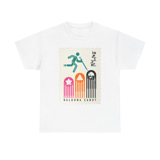 Elegant white T-shirt with a playful Dalgona Candy graphic, ideal for those who appreciate both fashion and fun, showcasing a mix of bold colours.