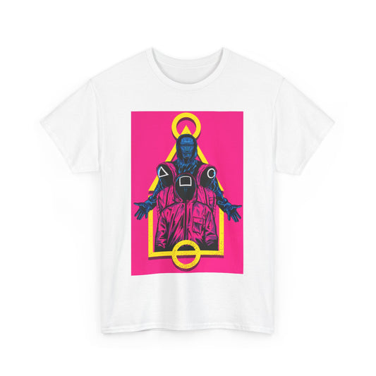 Elegant Squid Game unisex cotton t-shirt, showcasing an eye-catching illustration against a vibrant pink backdrop, ideal for those who appreciate unique and stylish graphic tees.