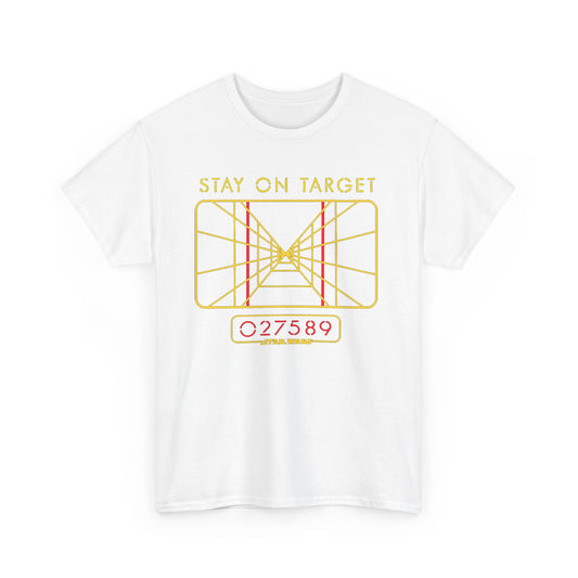 Stay On Target Star Wars Funny Graphic Unisex T Shirt showcasing a humorous X-Wing targeting grid motif with stylish colour contrast, ideal for pop culture fans.