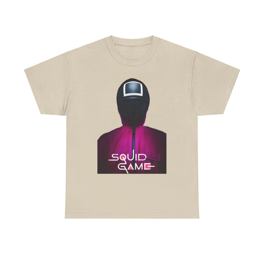 Luxurious Squid Game themed graphic t-shirt designed for unisex wear, featuring a striking print of the iconic red and black masked character on a stylish beige background.