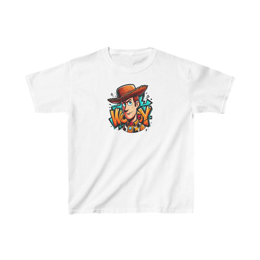 Elegant Childs Woody Graffiti Unisex Graphic Tee Shirt in white, showcasing Woody in graffiti style, ideal for young fans.