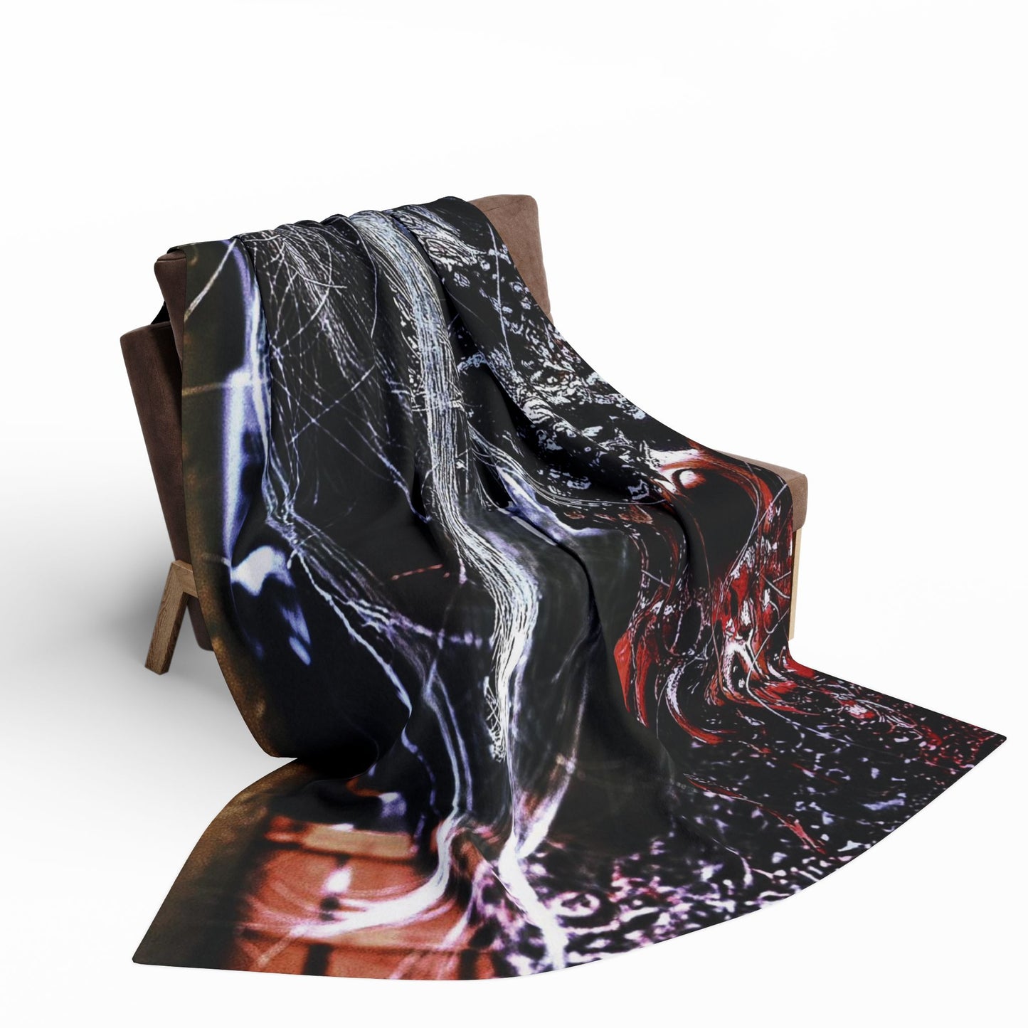 Luxurious Decorative and Warm Halloween Spooky Arctic Fleece Blanket draped over a chair, featuring an intricate Halloween design with vibrant colours and patterns, perfect for adding a touch of seasonal elegance to your home décor.