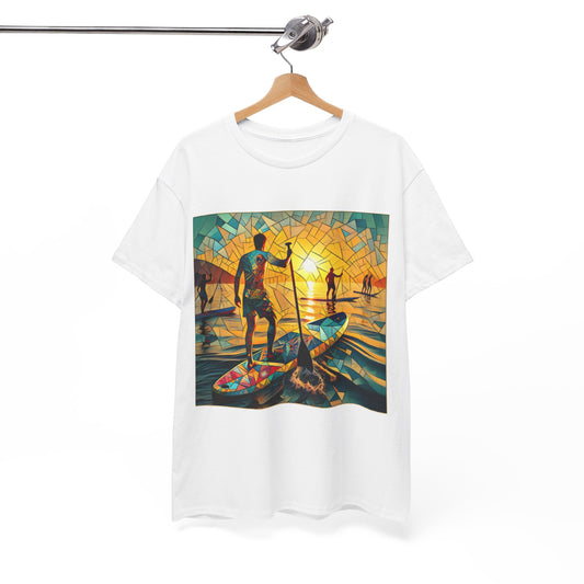 Luxury Paddleboarding Scene T-Shirt displayed on a wooden hanger, featuring a stunning paddleboarding design ideal for elegant outdoor adventures.