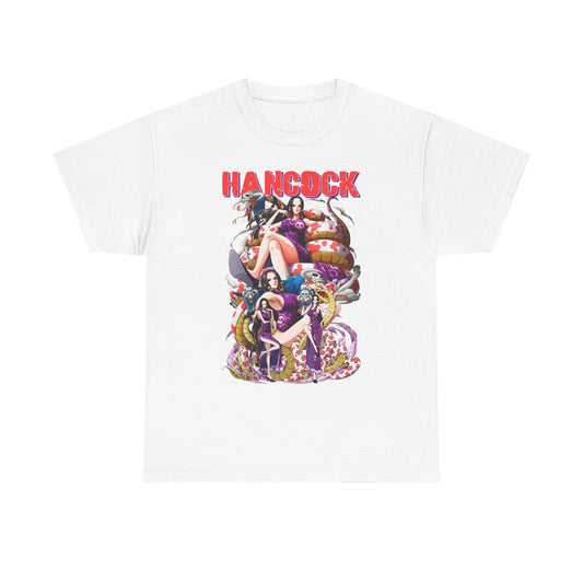 Elegant white men's t-shirt showcasing an eye-catching Hancock graphic artwork, designed for stylish anime lovers.