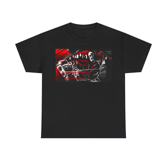 Elegant black men's t-shirt showcasing a dramatic dark hooded scythe illustration with a rich red and black colour palette, designed to elevate any contemporary wardrobe.