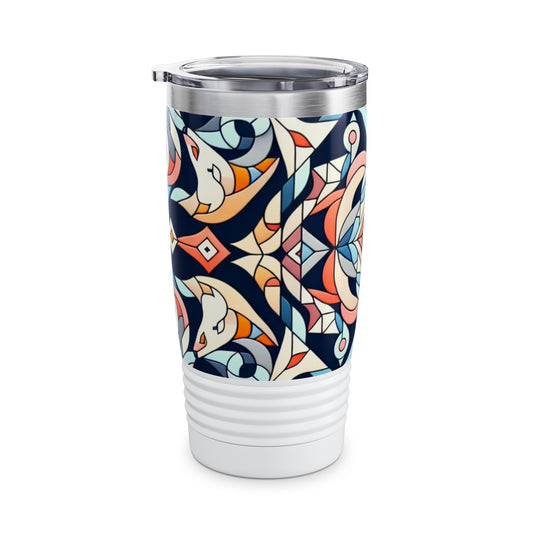 Close-up view of the Pastel Precision Panorama - 20 oz Drinks Tumbler Travel Flask with clear push-on lid and ribbed bottom for easy grip.