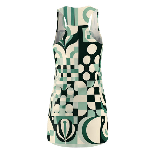Daria Bellucci Elegant Pastel Green Dress with a stylish racerback design, displaying intricate checkerboard and organic motifs for an exquisite fashion statement.