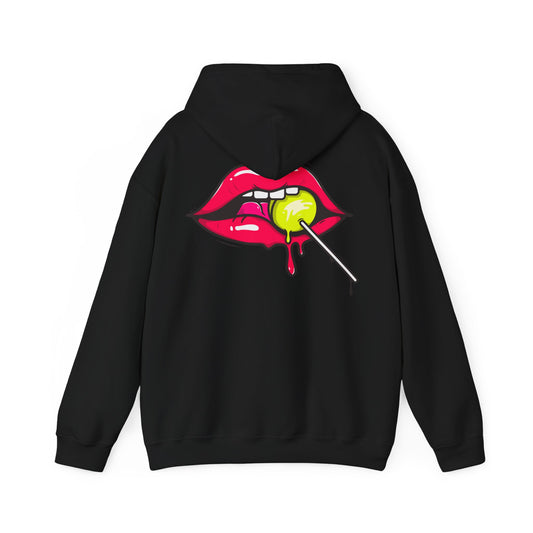 Sophisticated black hoodie showcasing an eye-catching design of vibrant red lips holding a bright yellow lollipop, perfect for a stylish statement.