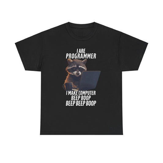 Elegant Funny Raccoon Programmer T-Shirt displaying a delightful raccoon working on a laptop, accompanied by the words 'I Are Programmer' for tech lovers and programmers.