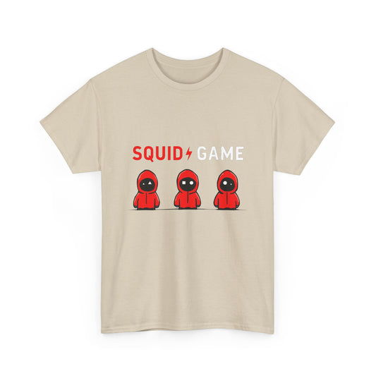 Squid Game Unisex Men's Women's Graphic Cotton Funny T Shirt Tee in beige showcasing iconic red hooded figures alongside striking lettering, ideal for trendsetters.