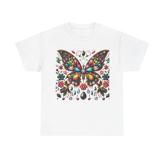 Enchanting Butterfly Brooch Unisex T Shirt Graphic Tee in white. This elegant tee showcases a stunning butterfly design embellished with colourful crystals and flowers.