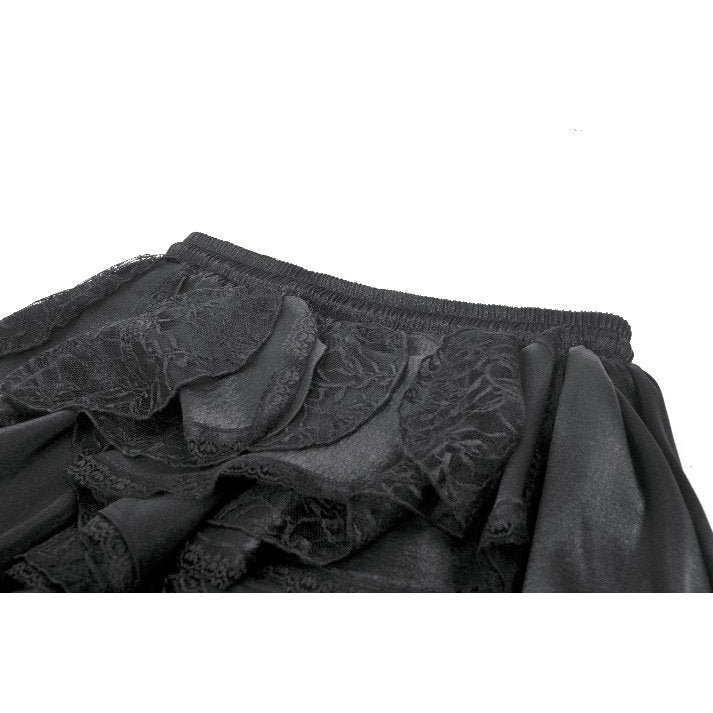Back view of the adjustable waist feature of the Morrigan Ruffled Gothic Midi Skirt in Black, demonstrating its versatile fit and tailored elegance for gothic attire.