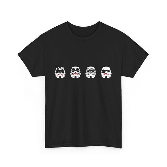 Elegant Kiss My Stormtroopers Parody T-shirt featuring unique graphic design with stormtrooper faces inspired by KISS, crafted for a stylish unisex fit.