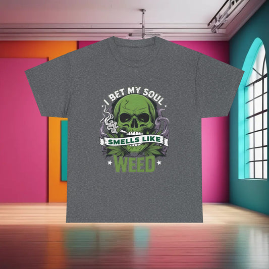 420 Cannabis Marijuana Graphic T-Shirt in a stylish grey shade showcasing a bold skull graphic with the words 'I Bet My Soul Smells Like Weed', ideal for luxury streetwear.