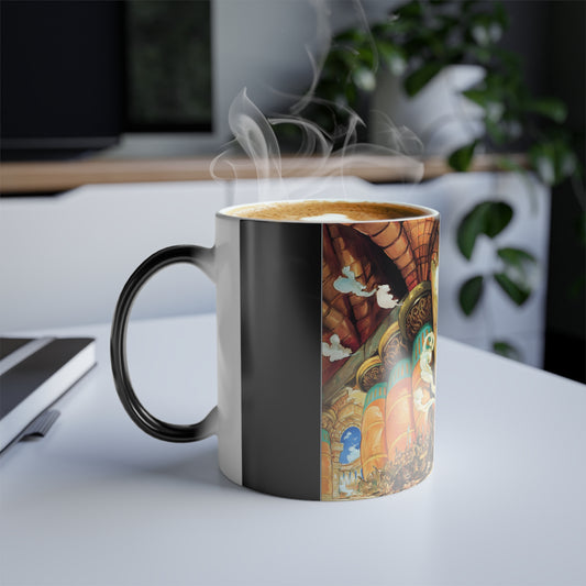 Elegant Discworld Small Gods Colour Morphing Mug in action, displaying steam above hot coffee, bringing the enchanting world of Discworld to your daily ritual.