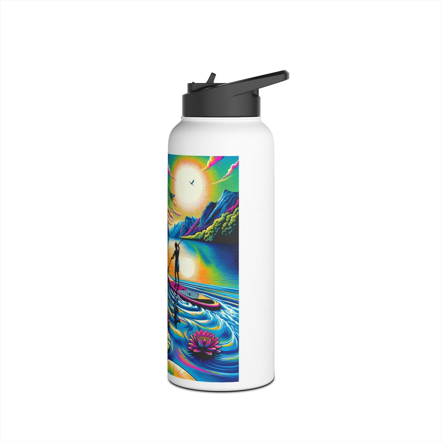 Luxury Fantasy Paddleboarding Stainless Steel Water Bottle featuring a captivating scene of paddleboarding at sunset, combining practicality with aesthetic appeal for adventure enthusiasts.