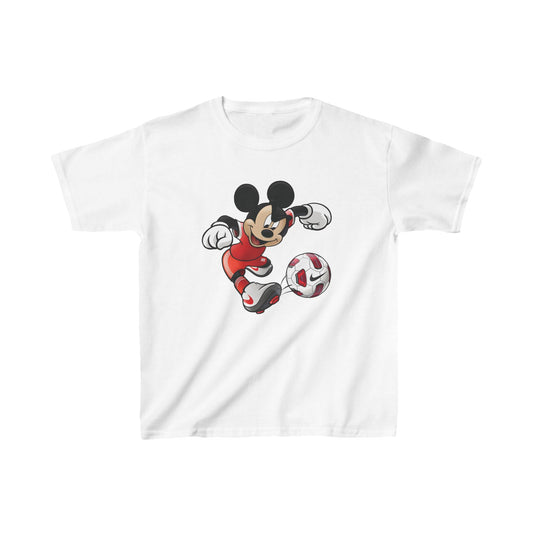 Unisex Kids Mickey Mouse Cotton T Shirt Tee in white featuring a vibrant graphic of Mickey Mouse playfully kicking a soccer ball, ideal for stylish young fans.