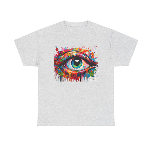 Sophisticated unisex t-shirt in grey displaying the 'Visionary Drip' graphic, featuring a captivating eye illustration with vibrant splashes of colour, perfect for stylish art enthusiasts.