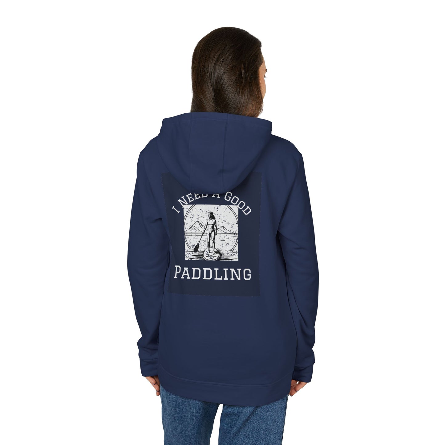 Rear view of a model in the Adidas Women’s Fleece 'I Need a Good Paddling' Hoodie in navy, styled for paddleboarding adventures with a chic aesthetic.