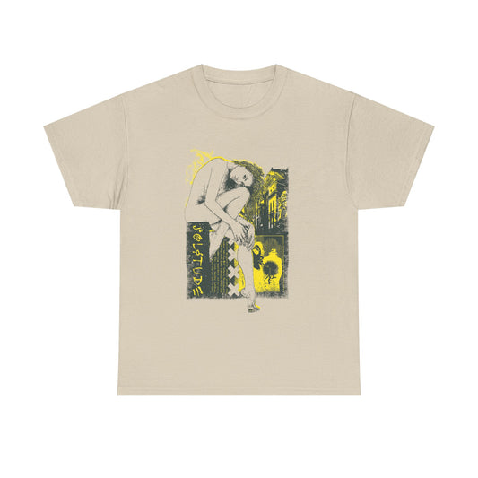 Stylish urban men's T-shirt featuring a captivating graphic design of a stylized female figure, set against an artistic vintage backdrop in soft tones of beige and yellow.