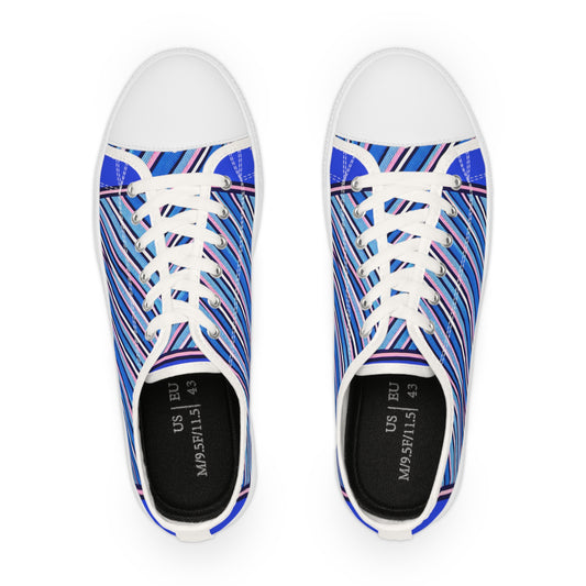 Top view of Zara Thunderstrike Men's Low Top Pop Art Sneakers featuring vivid royal blue and pastel pink pinstripes, combining luxury and artistry for a chic footwear choice.