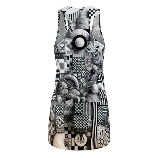 Valentina Belleveau Racerback Dress in black and white, adorned with a captivating contemporary checkerboard print and organic shapes. This luxurious piece exemplifies modern fashion with its intricate patterns and sophisticated silhouette.