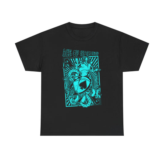 Stylish ACE OF SPADES men's t-shirt in black, adorned with striking turquoise graphic art that embodies the essence of rebellious rock culture.