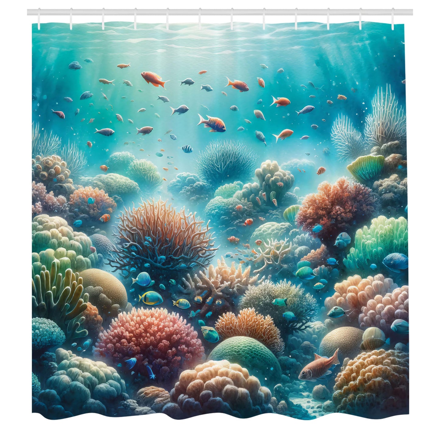 ABAKUHAUS Coastal Shower Curtain, Underwater Reef Scene Fish, Cloth Fabric Bathroom Decor Set with Hooks, 175 x 200 cm, Turquoise Salmon Green