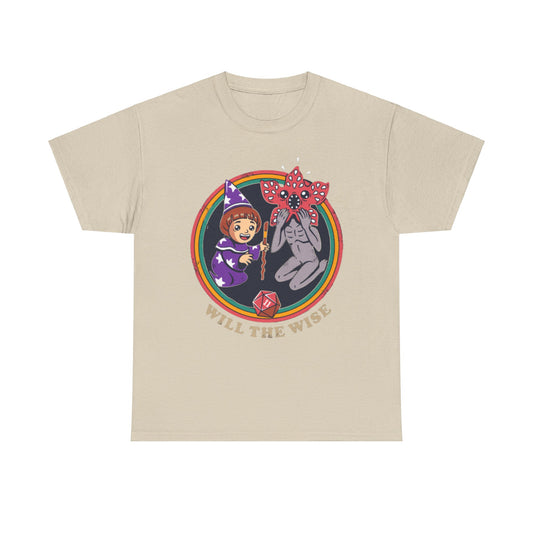 Stylish unisex beige t-shirt showcasing a charming wizard girl and a quirky creature, perfect for expressing your love for magical adventures and retro nostalgia.