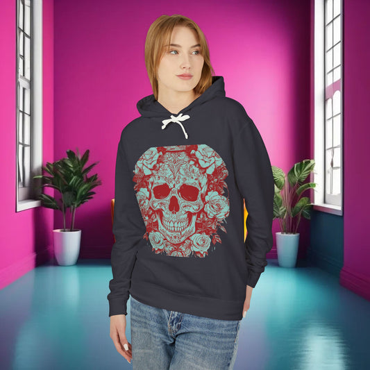 Stylish Skull and Roses Lightweight Hoodie featured on a model, showcasing edgy designer sweatshirt in a vibrant interior.