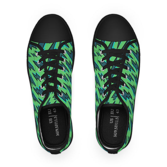 Top view of the Zara Thunderbolt Men's Lowtop Sneakers, highlighting the vibrant green Pop Art pattern with turquoise lightning bolts, embodying innovative and luxurious streetwear.