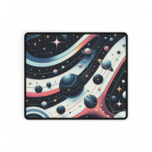 Stellar Nebulous Desk Mat showcasing elegant illustrations of celestial bodies and planets in a stunning cosmic colour palette. Ideal for elevating your home office.