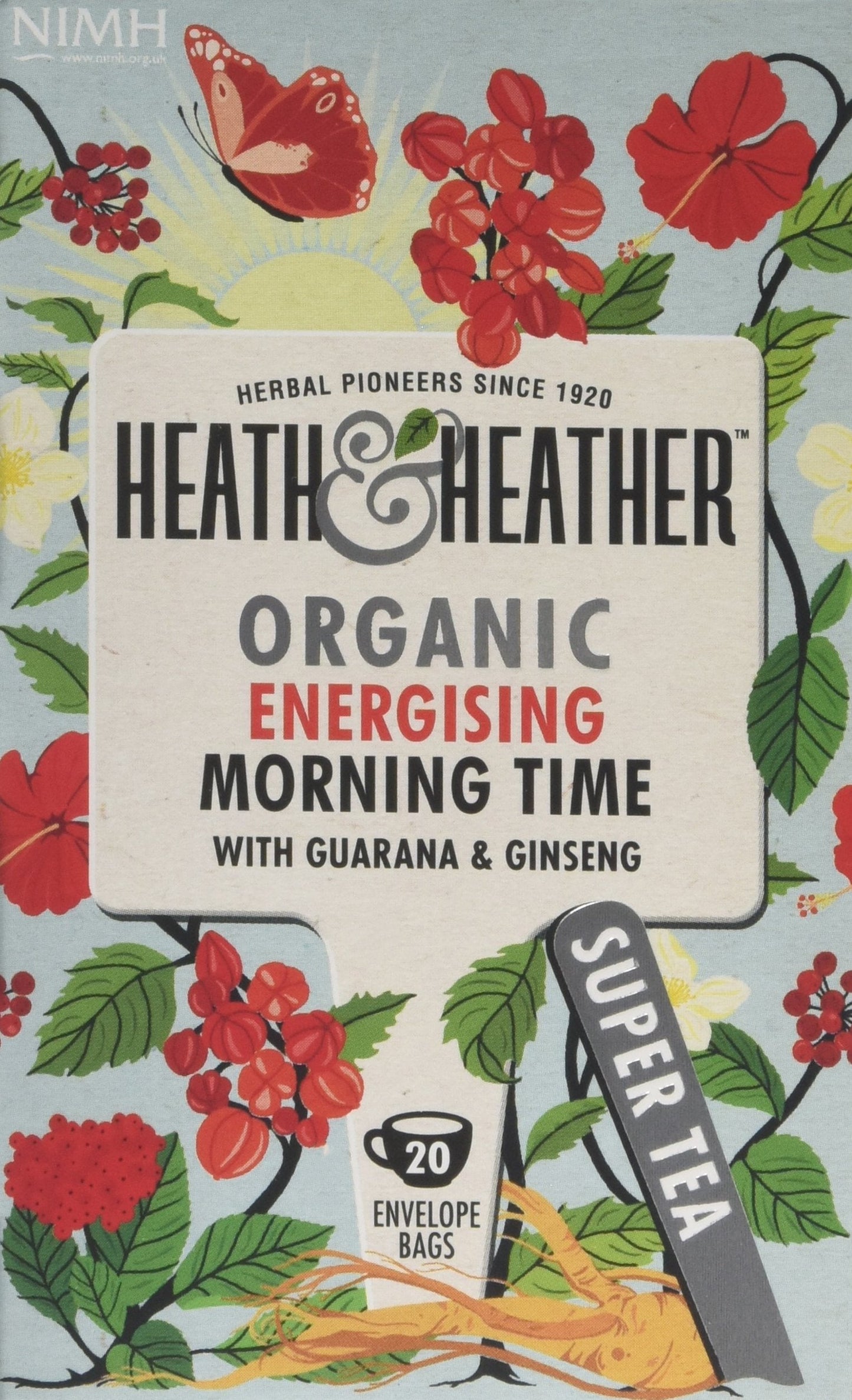 Heath & Heather - Organic Morning Time Tea with Hibiscus, Spearmint & Guarana ? Uplifting Botanical Blend for Daily Energy ? Vegan ? Multipack 6 x 20