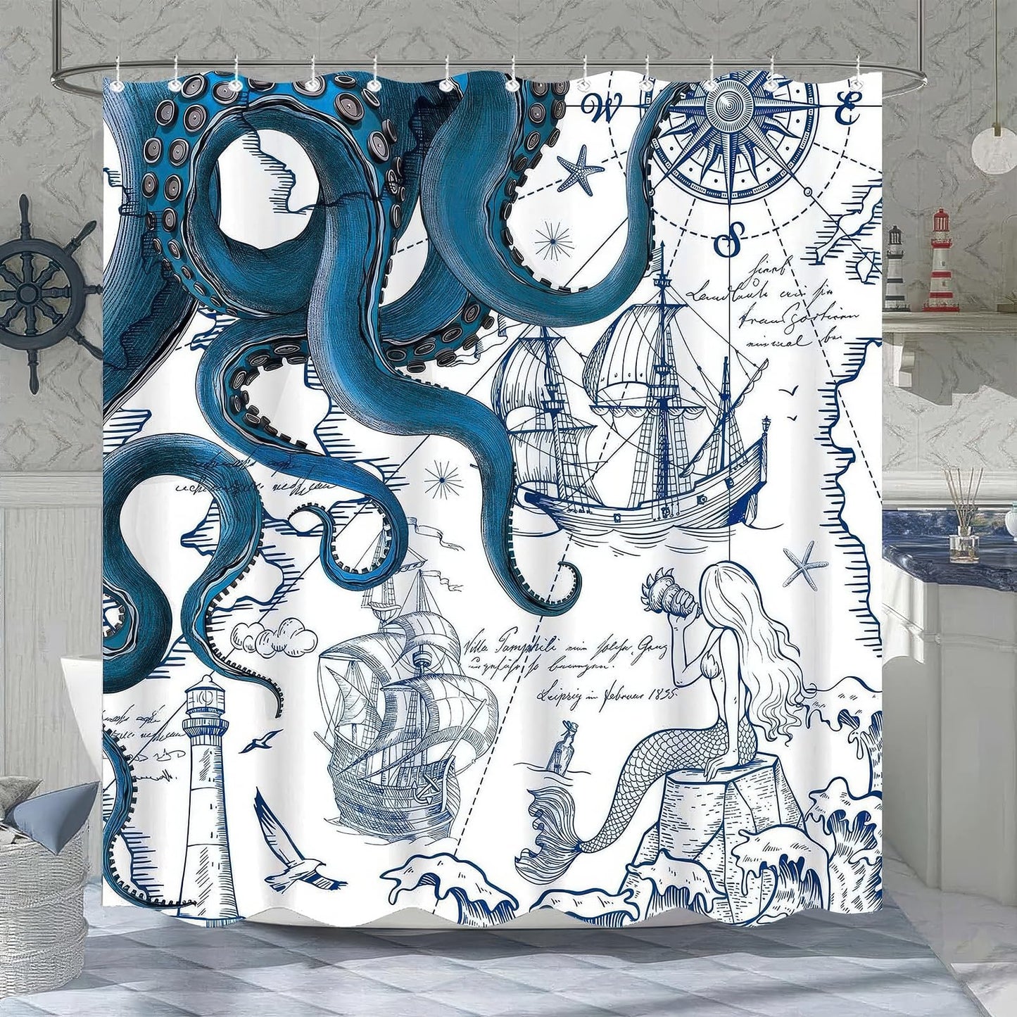 Hopomoon Blue Nautical Octopus Shower Curtain 200 x 180 cm,Waterproof and Moisture-Proof Funny Ocean Kraken Nautical Style Bathroom Curtain with 12