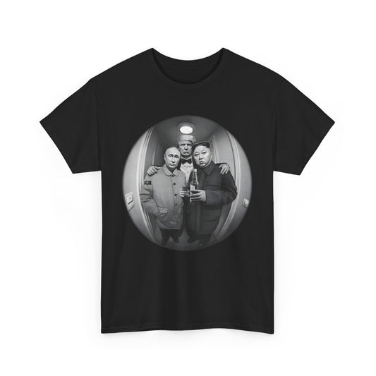 Stylish unisex graphic t-shirt showcasing a unique fisheye lens design depicting notable global leaders engaging in camaraderie, a perfect blend of sophistication and satire.