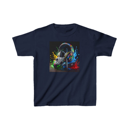 Unisex Children's Gaming Graphic Cotton Tee in navy, showcasing an eye-catching graphic of a gaming headset and controller, perfect for fashion-conscious young gamers.