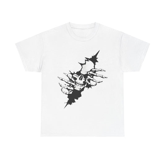Unisex Ripped Skull Graphic Tee - Bold Black and White Design, Premium Quality, showcasing a captivating skull print on a white tee, perfect for asserting individuality and edge in fashion.
