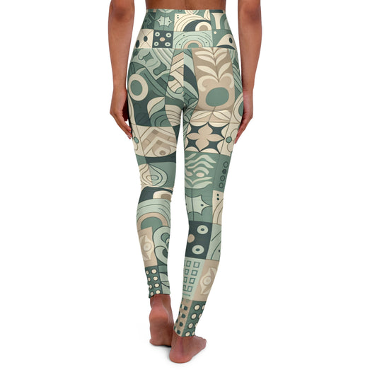 High-Waist Yoga Leggings with Elegant Block Prints in Pastel Green, featuring a chic back view worn by a model, highlighting the unique design and comfortable fit.