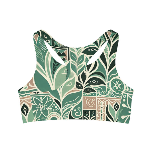 Thea Sinclair Pastel Green Sports Bra showcasing a modern block print design from the back, crafted in a blend of microfiber and spandex for luxurious comfort.