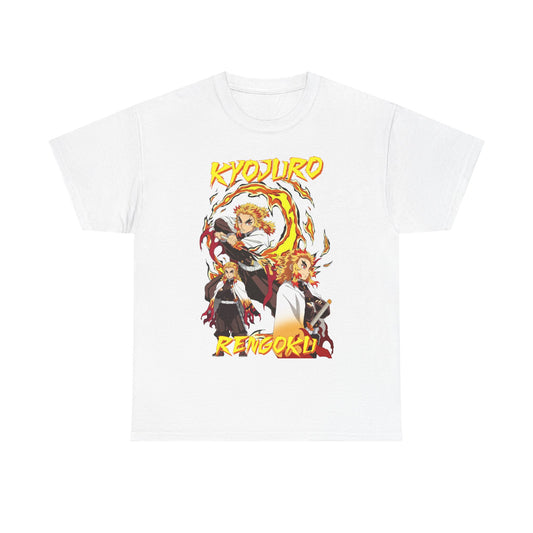 Elegant white Kyojuro Rengoku graphic tee with eye-catching illustrations, depicting the iconic Flame Hashira in dynamic poses, perfect for those who appreciate refined anime fashion.