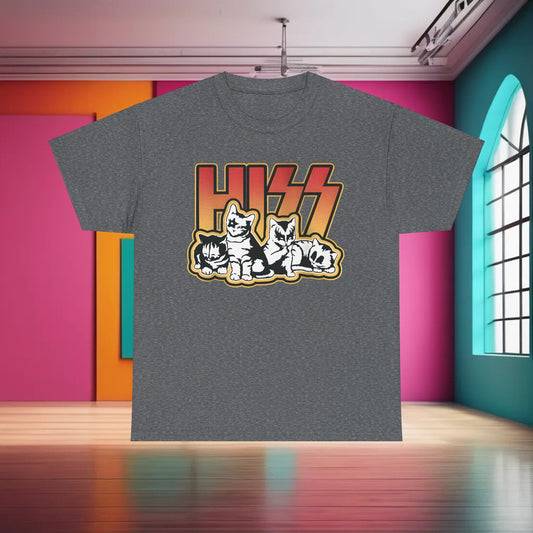 Stylish unisex cotton t-shirt featuring the 'HISS' graphic design with adorable cats, set against a vibrant backdrop, embodying a fusion of rock culture and charm.