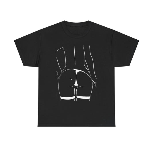Stylish and luxurious unisex black graphic tee adorned with an artistic white outline of a female form, highlighting alluring contours and a decorative heart, ideal for making a bold fashion statement.