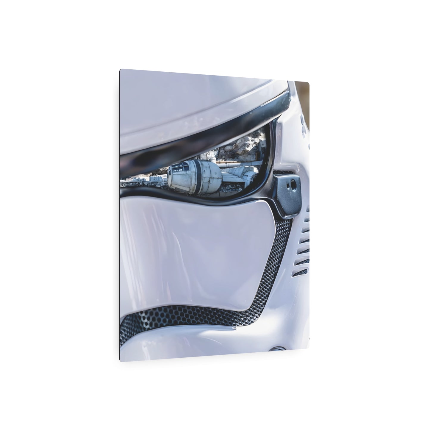 Elegant Stormtrooper Metal Art Poster displaying a beautiful rendition of the iconic helmet, ideal for Star Wars enthusiasts seeking sophisticated indoor decoration.