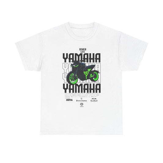 Sophisticated white Men's T-Shirt showcasing a bold Yamaha motorcycle design, enhanced with vibrant green highlights, perfect for motorcycle enthusiasts.