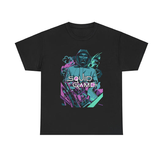 Stylish unisex black T-shirt showcasing an artistic Squid Game print, blending vibrant colours and unique imagery for a standout look.
