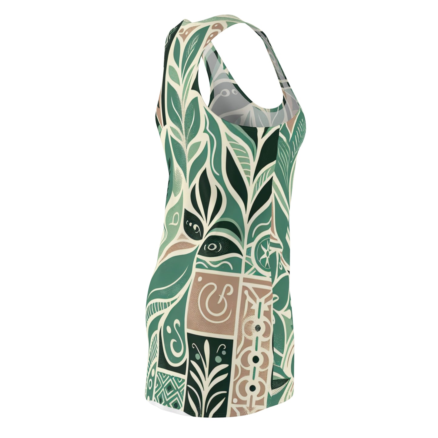 Close-up view of the luxurious fabric of the Thea Sinclair Racerback Dress by Dazzling Dreams Studio, highlighting the stunning pastel green hues and intricate details of its contemporary design.