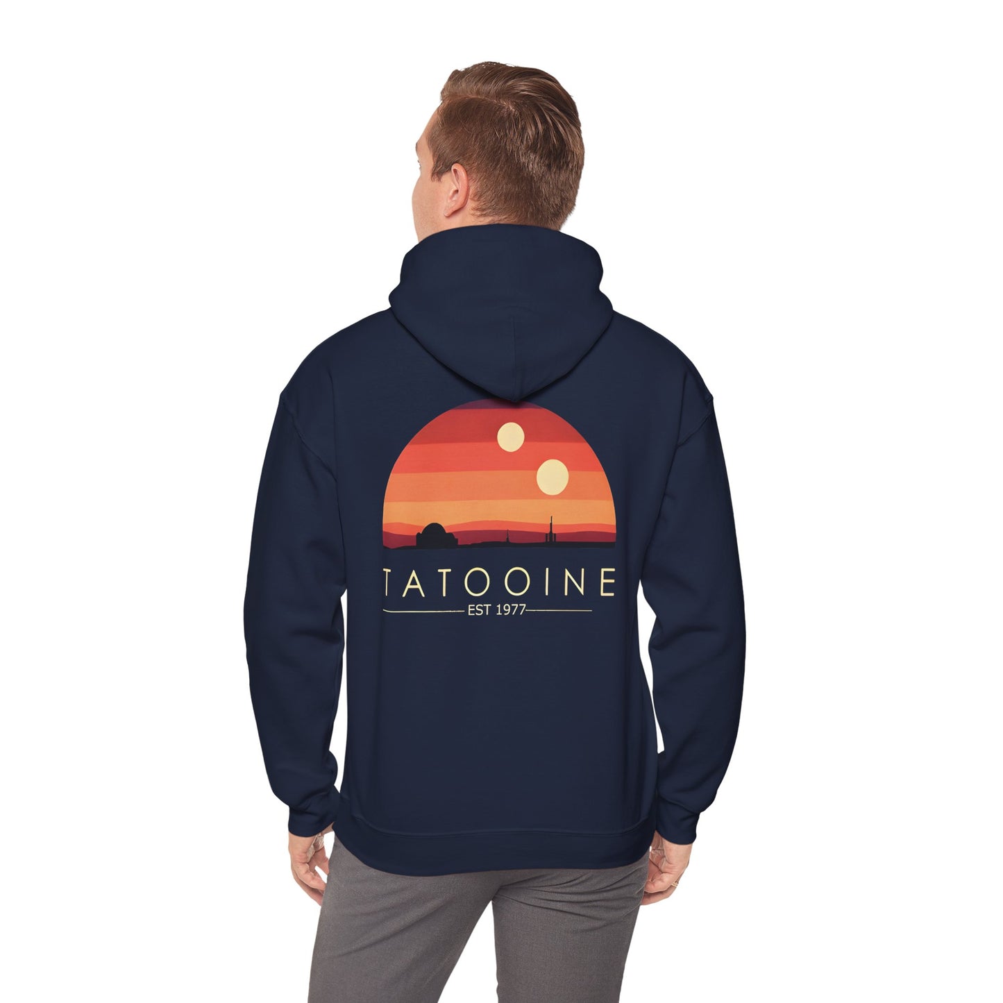 Stunning Tatooine Sunset Back Print Hoodie with bold branding and celestial elements, perfect for cosmic adventure lovers and style icons - Dazzling Dreams.